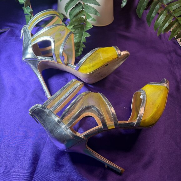 📌Scene Silver Yellow 4.5" High Heel Sandals with Ankle Straps and Zipper - Picture 7 of 15